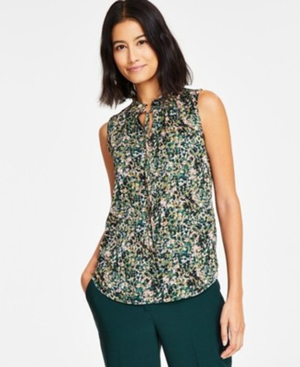 Anne Klein Tulla Printed Tie-Neck Blouse Women's XL Pine Forest Multi Sleeveless